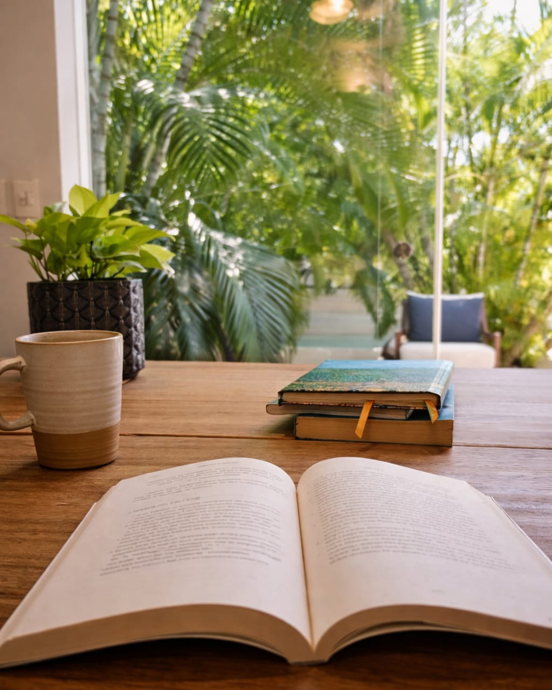 Libro abierto, taza y planta junto a una ventana tropical
